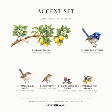Lemon Bough Fairy Wrens Wall Sticker Decals: Accent Set sizes