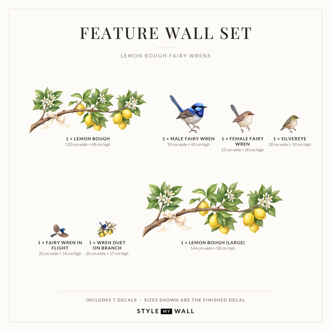 Lemon Bough Fairy Wrens Wall Sticker Decals: Feature Wall Set sizes