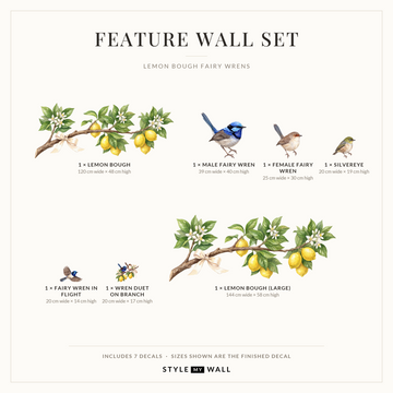 Lemon Bough Fairy Wrens Wall Sticker Decals: Feature Wall Set sizes