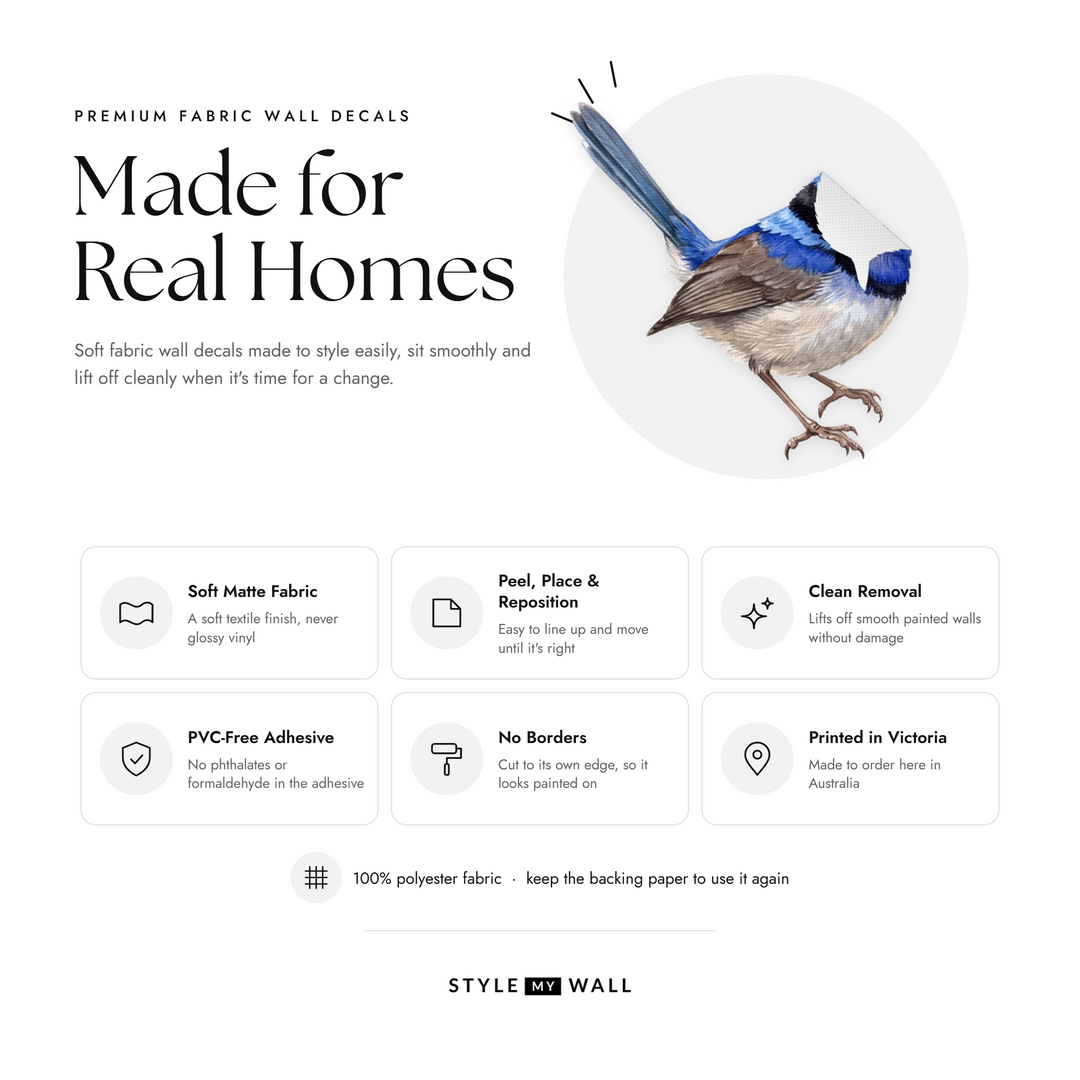 Lemon Bough Fairy Wrens Wall Sticker Decals: soft matte fabric wall decals that peel, stick and reposition, printed in Victoria