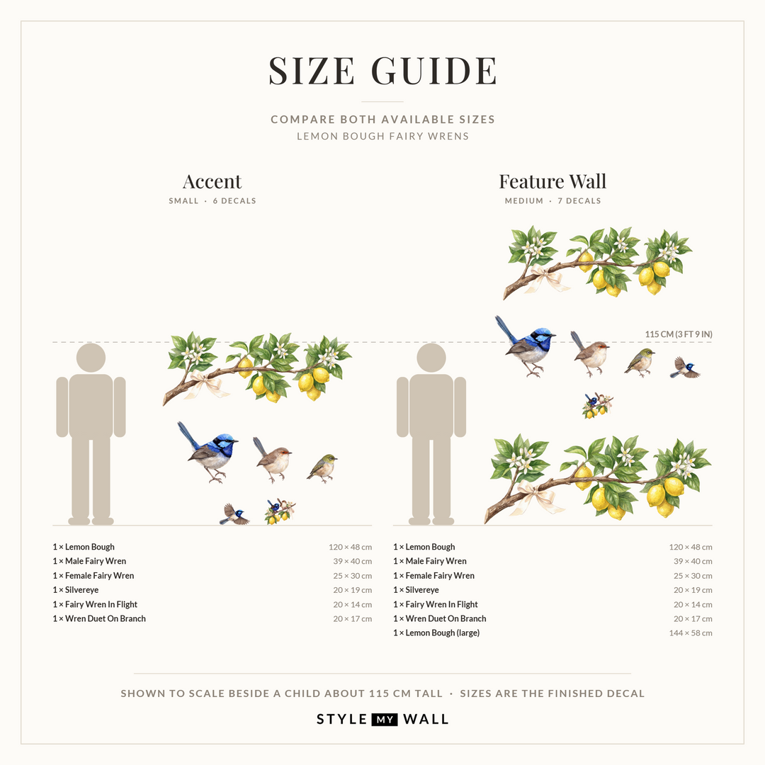Lemon Bough Fairy Wrens Wall Sticker Decals: size guide, every size shown to scale beside a child