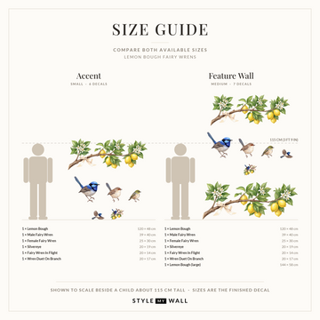 Lemon Bough Fairy Wrens Wall Sticker Decals: size guide, every size shown to scale beside a child