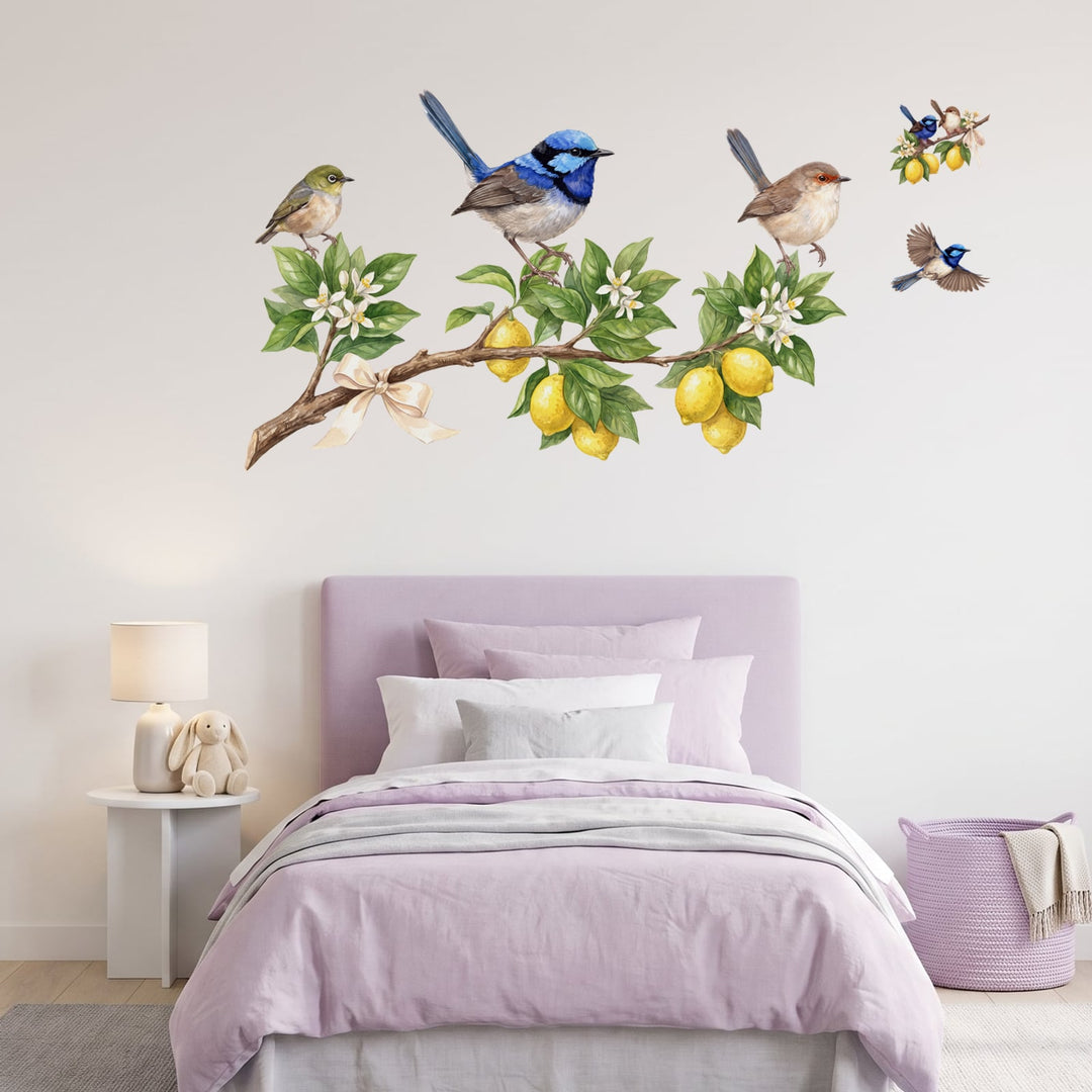 Lemon Bough Fairy Wrens Wall Sticker Decals wall decals on a girl's bedroom wall (Accent (Small) size, right facing)