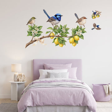 Lemon Bough Fairy Wrens Wall Sticker Decals wall decals on a girl's bedroom wall (Accent (Small) size, right facing)