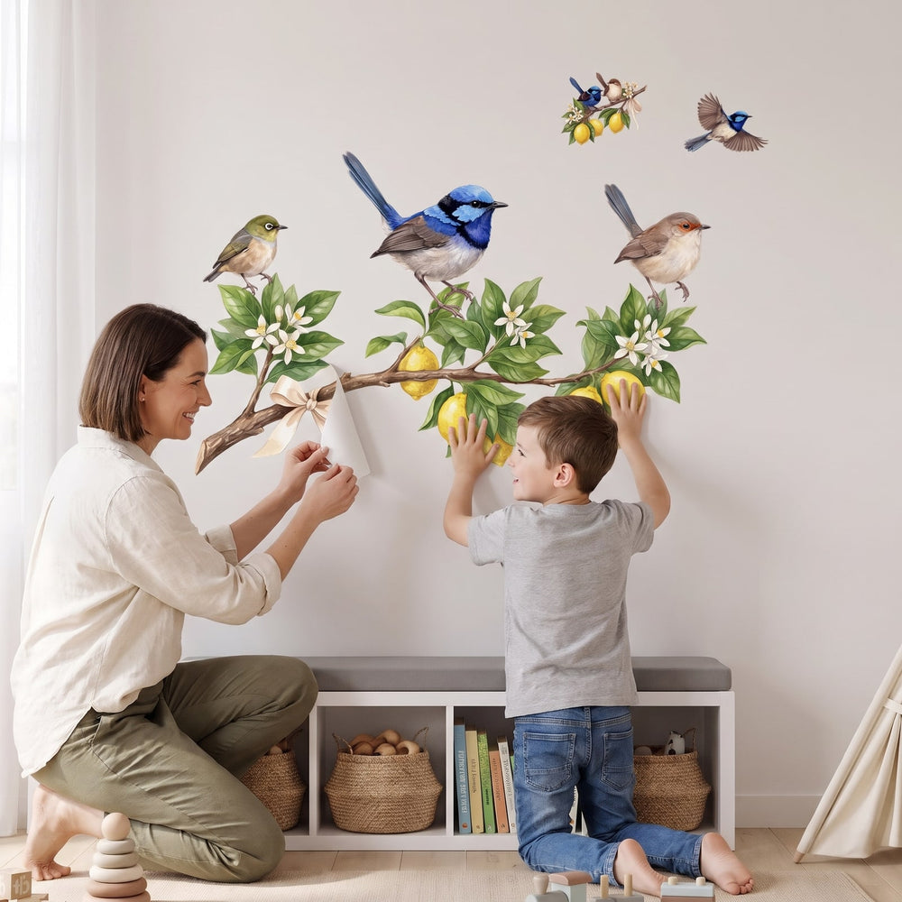 Lemon Bough Fairy Wrens Wall Sticker Decals wall decals: a boy and his mum putting the decals up in a playroom