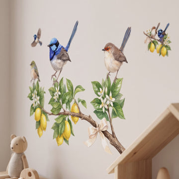 Lemon Bough Fairy Wrens Wall Sticker Decals wall decals: a close-up of the decals from one side in a kids' room