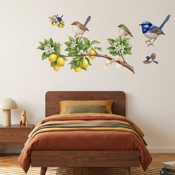 Lemon Bough Fairy Wrens Wall Sticker Decals wall decals on a boy's bedroom wall (Accent (Small) size, left facing)
