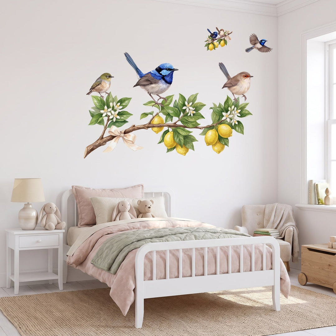 Lemon Bough Fairy Wrens Wall Sticker Decals wall decals: the whole room from a corner in a girl's bedroom