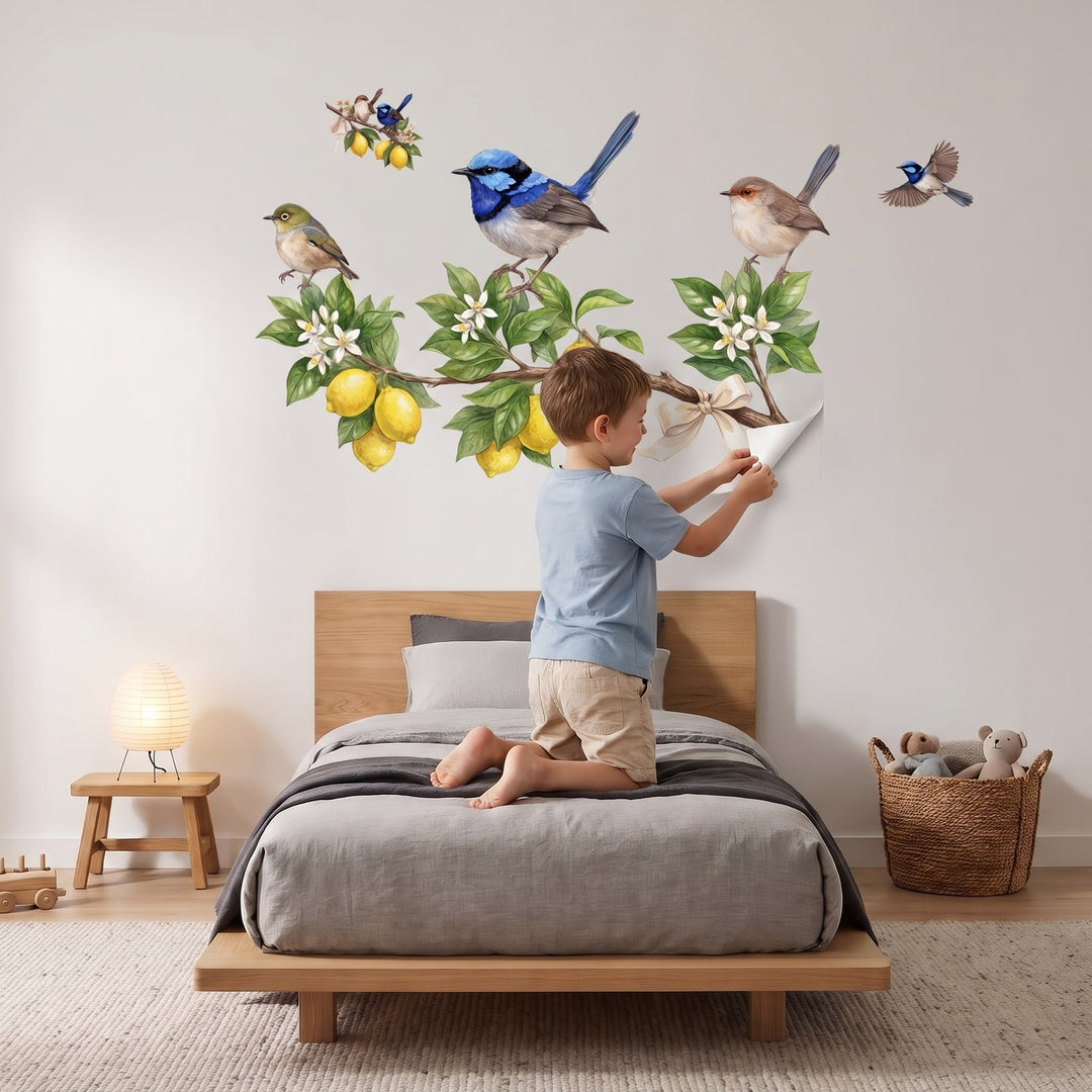 Lemon Bough Fairy Wrens Wall Sticker Decals wall decals: a boy putting the decals up in a boy's bedroom
