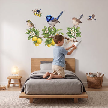 Lemon Bough Fairy Wrens Wall Sticker Decals wall decals: a boy putting the decals up in a boy's bedroom