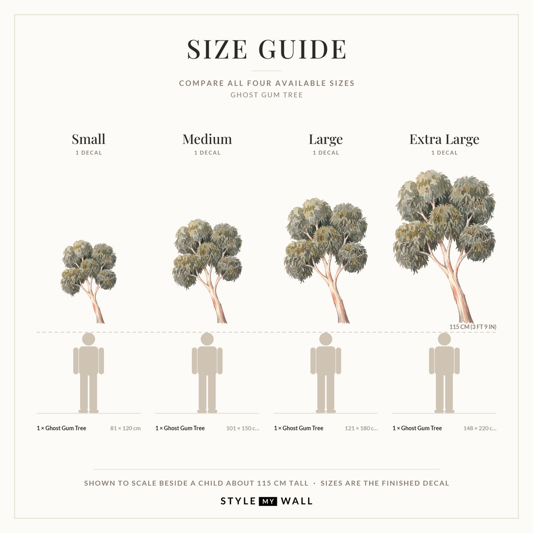 Ghost Gum Tree Wall Sticker Decals: size guide, every size shown to scale beside a child