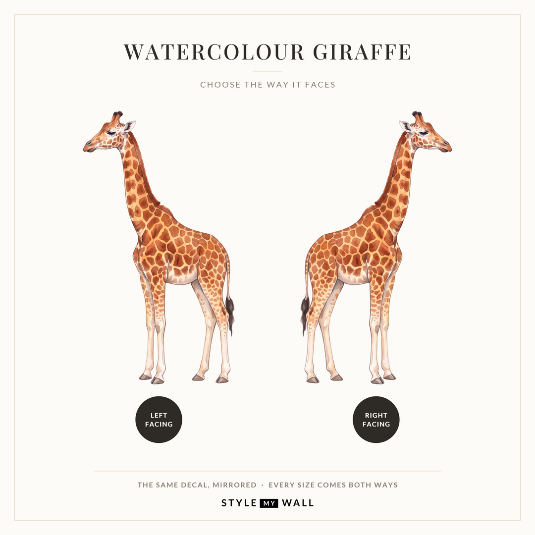Watercolour Giraffe Wall Sticker Decals: left facing and right facing, the same decal mirrored