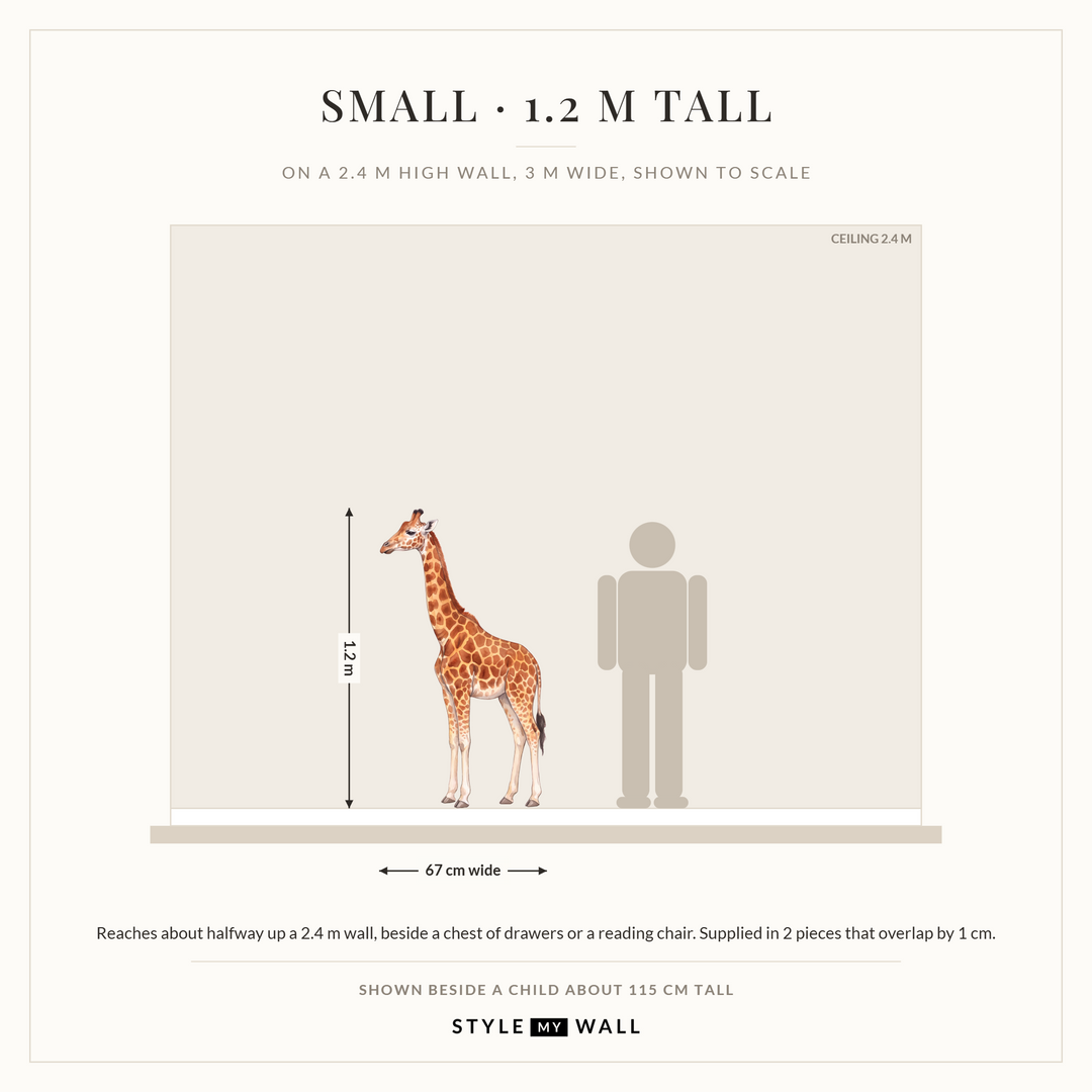 Watercolour Giraffe Wall Sticker Decals: Small on a 2.4 m high wall, to scale beside a child