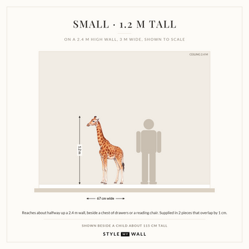 Watercolour Giraffe Wall Sticker Decals: Small on a 2.4 m high wall, to scale beside a child