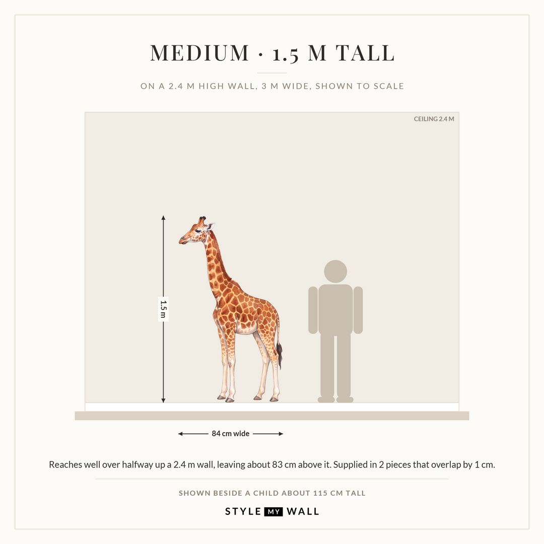 Watercolour Giraffe Wall Sticker Decals: Medium on a 2.4 m high wall, to scale beside a child