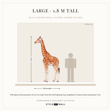 Watercolour Giraffe Wall Sticker Decals: Large on a 2.4 m high wall, to scale beside a child