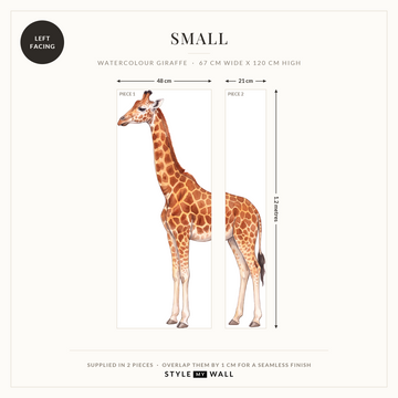 Watercolour Giraffe Wall Sticker Decals: Small supplied in 2 pieces that overlap by 1 cm, left facing
