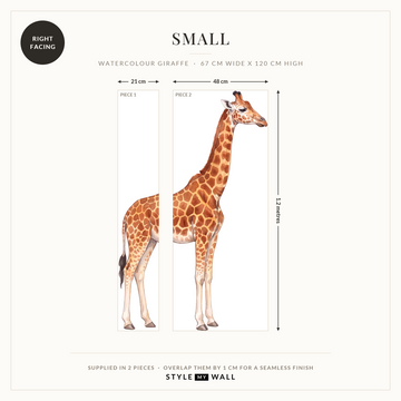 Watercolour Giraffe Wall Sticker Decals: Small supplied in 2 pieces that overlap by 1 cm, right facing