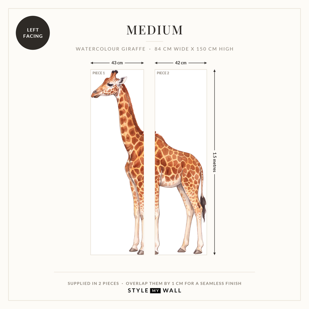Watercolour Giraffe Wall Sticker Decals: Medium supplied in 2 pieces that overlap by 1 cm, left facing