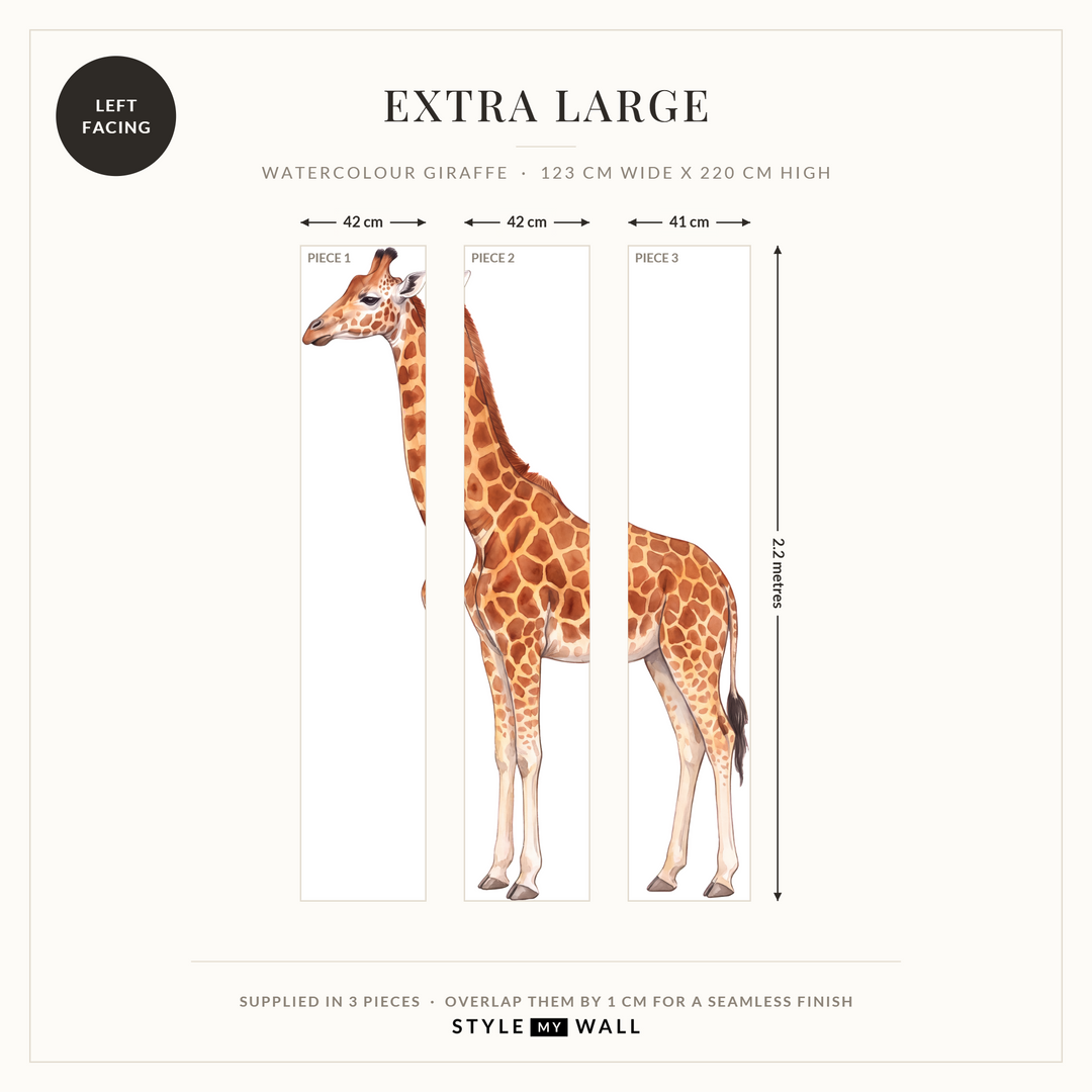 Watercolour Giraffe Wall Sticker Decals: Extra Large supplied in 3 pieces that overlap by 1 cm, left facing