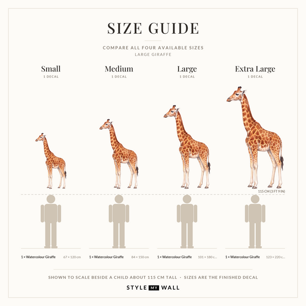 Watercolour Giraffe Wall Sticker Decals: size guide, every size shown to scale beside a child