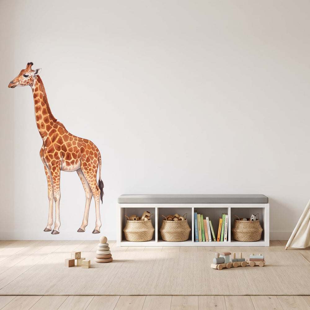 Watercolour Giraffe Wall Sticker Decals wall decals on a playroom wall (Medium (84 x 150 cm) size, left facing)