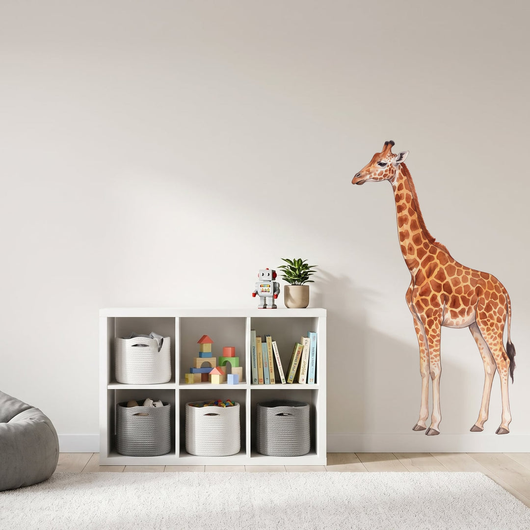 Watercolour Giraffe Wall Sticker Decals wall decals on a kids' room wall (Medium (84 x 150 cm) size, left facing)