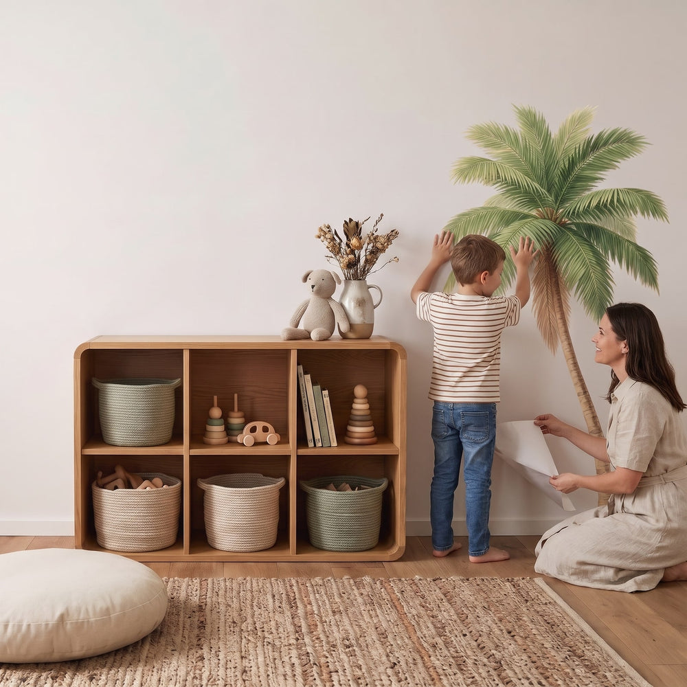 Tall Green Palm Tree Wall Sticker Decals wall decals: a boy and his mum putting the decals up in a kids' room