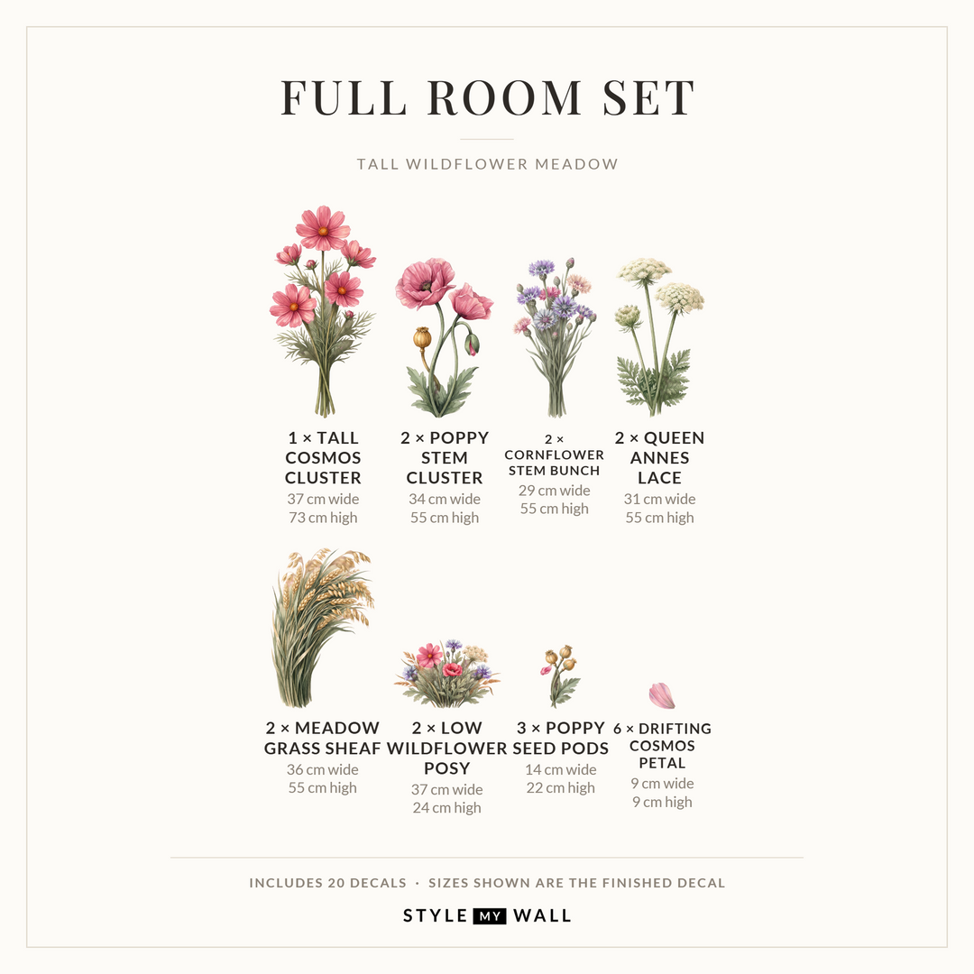 Tall Wildflower Meadow Wall Sticker Decals: Full Room Set sizes