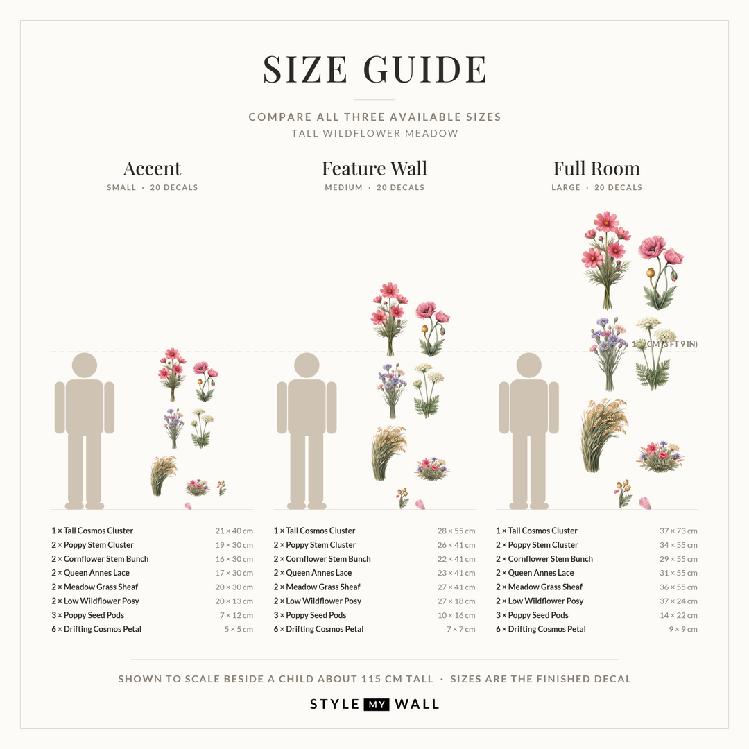 Tall Wildflower Meadow Wall Sticker Decals: size guide, every size shown to scale beside a child