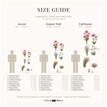 Tall Wildflower Meadow Wall Sticker Decals: size guide, every size shown to scale beside a child