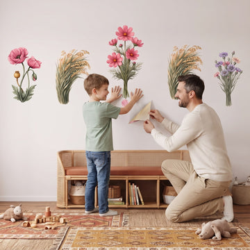 Tall Wildflower Meadow Wall Sticker Decals wall decals: a boy and his dad putting the decals up in a playroom