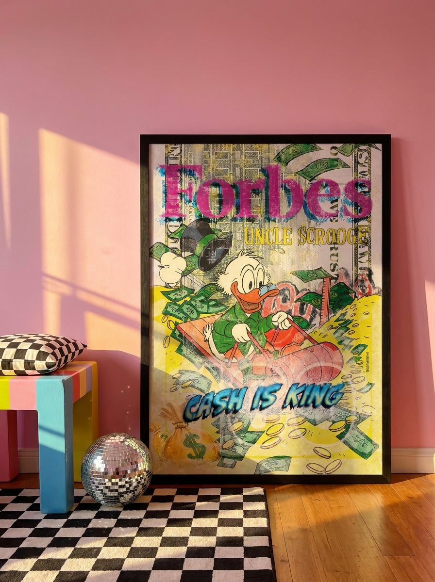 Oversized statement modern wall art print leaning against the wall in a colourful eclectic living room