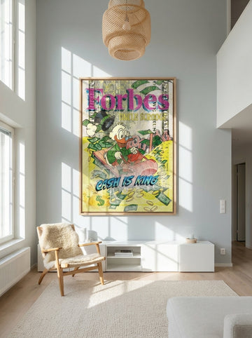 Oversized statement canvas wall art with a natural timber surround styled on the wall in a bright Scandinavian living room