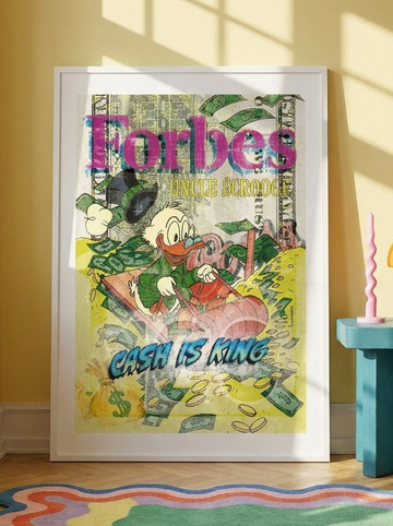 Modern wall art print standing on a side table in a colourful eclectic bedroom