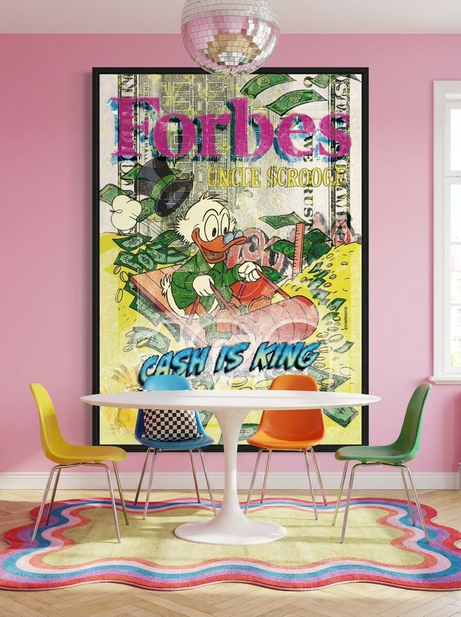 Canvas wall art with a black surround styled on the wall in a colourful eclectic dining room