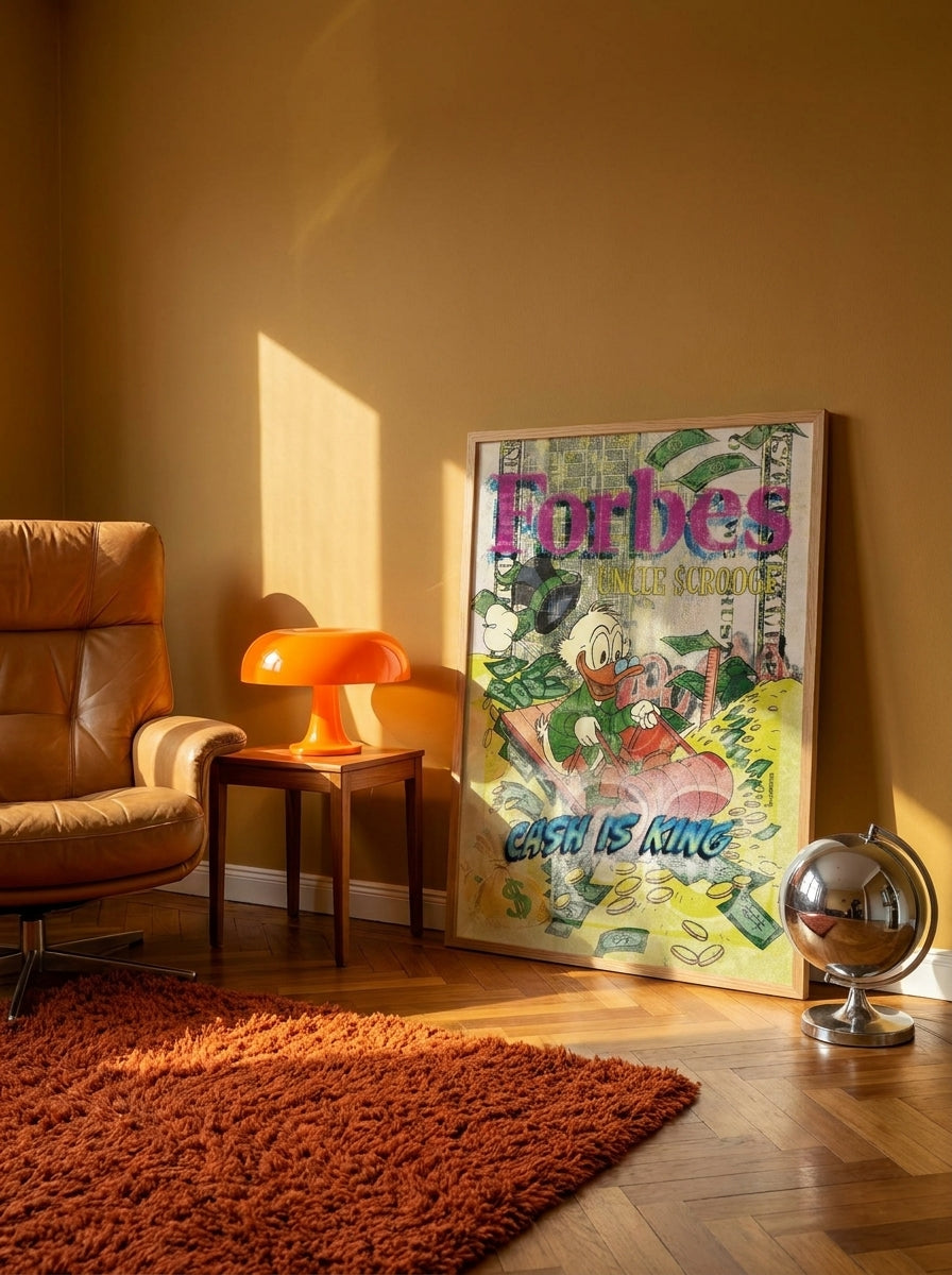 Modern wall art print leaning against the wall in a retro 70s home office