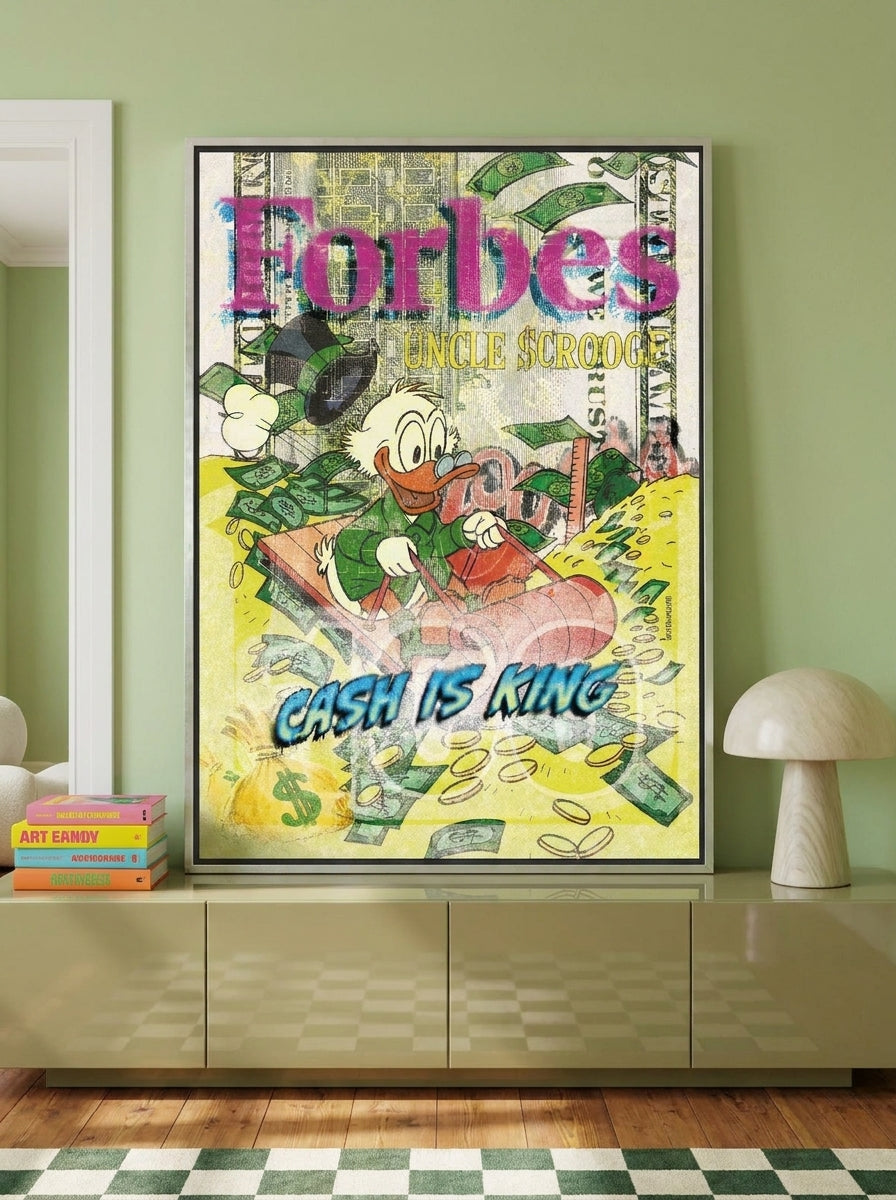 Canvas wall art with a silver leaf surround standing on a sideboard in a colourful eclectic living room