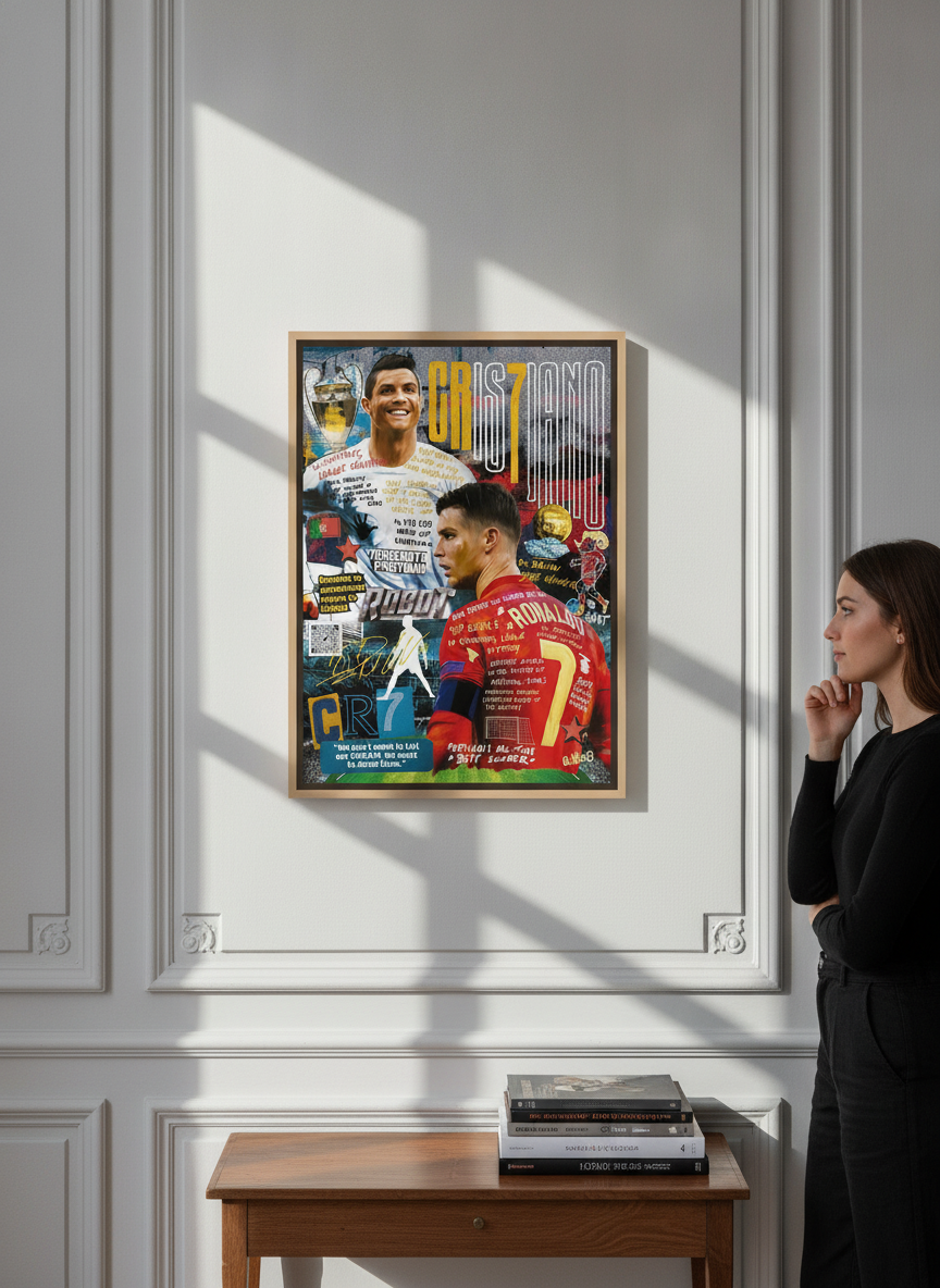 Person holding canvas wall art with a natural timber surround in a Parisian living room