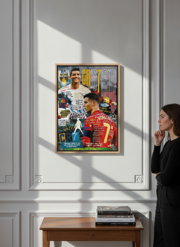 Person holding canvas wall art with a natural timber surround in a Parisian living room