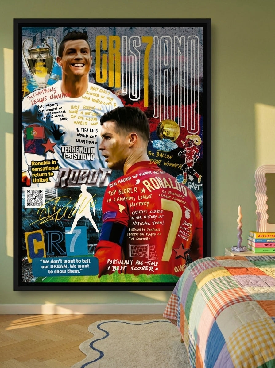 Oversized statement canvas wall art with a black surround styled on the wall in a colourful eclectic bedroom