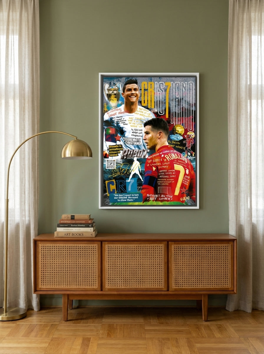 Canvas wall art with a white surround styled on the wall in a mid-century living room