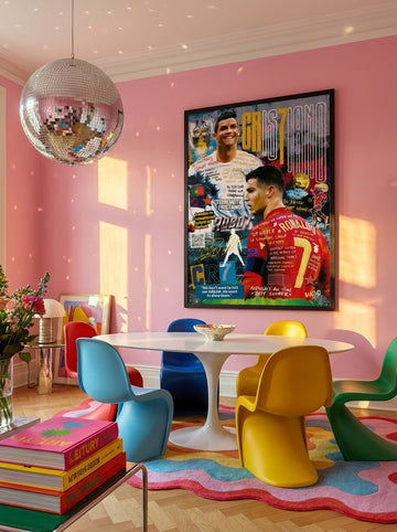 Oversized statement modern wall art print styled on the wall in a colourful eclectic dining room