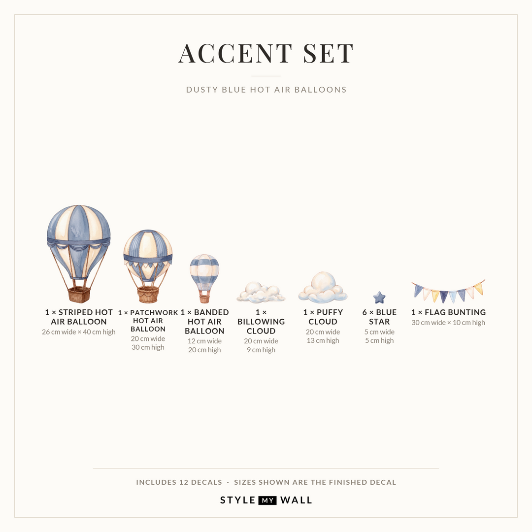 Dusty Blue Hot Air Balloons Wall Sticker Decals: Accent Set sizes