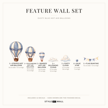 Dusty Blue Hot Air Balloons Wall Sticker Decals: Feature Wall Set sizes