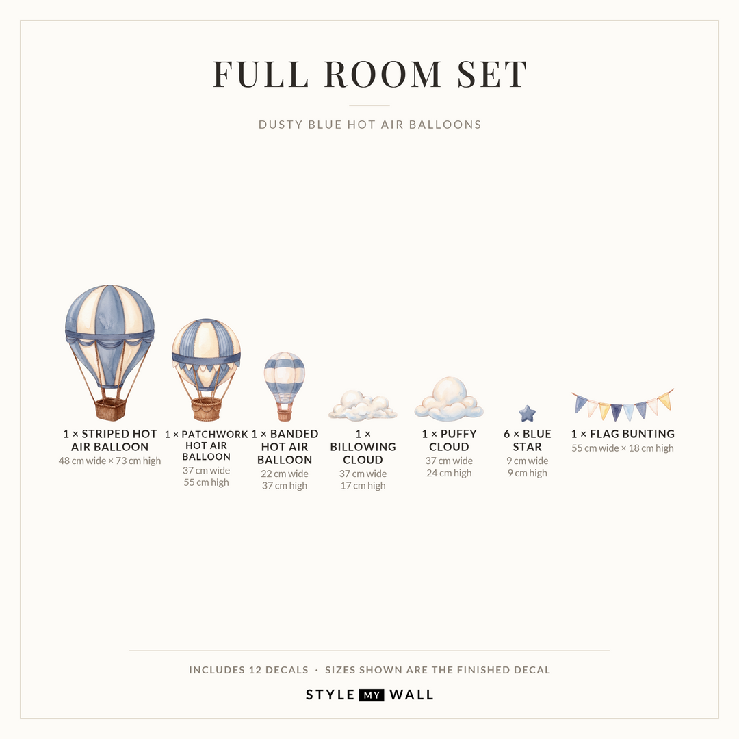 Dusty Blue Hot Air Balloons Wall Sticker Decals: Full Room Set sizes