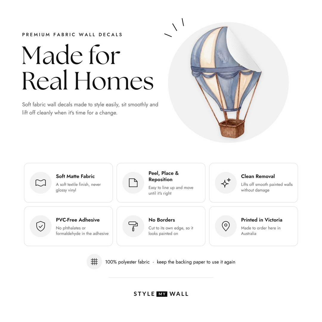 Dusty Blue Hot Air Balloons Wall Sticker Decals: soft matte fabric wall decals that peel, stick and reposition, printed in Victoria