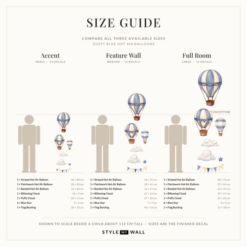 Dusty Blue Hot Air Balloons Wall Sticker Decals: size guide, every size shown to scale beside a child