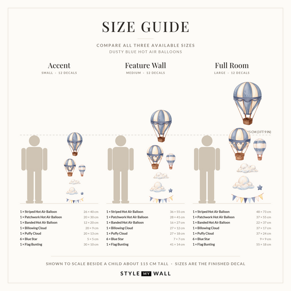 Dusty Blue Hot Air Balloons Wall Sticker Decals: size guide, every size shown to scale beside a child