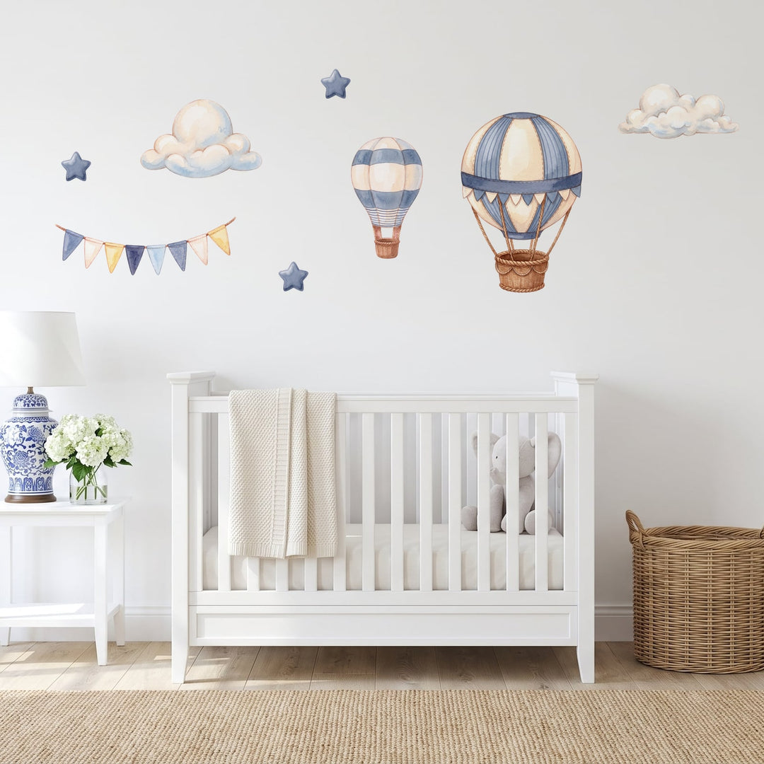 Dusty Blue Hot Air Balloons Wall Sticker Decals wall decals on a nursery wall (Full Room (Large) size)